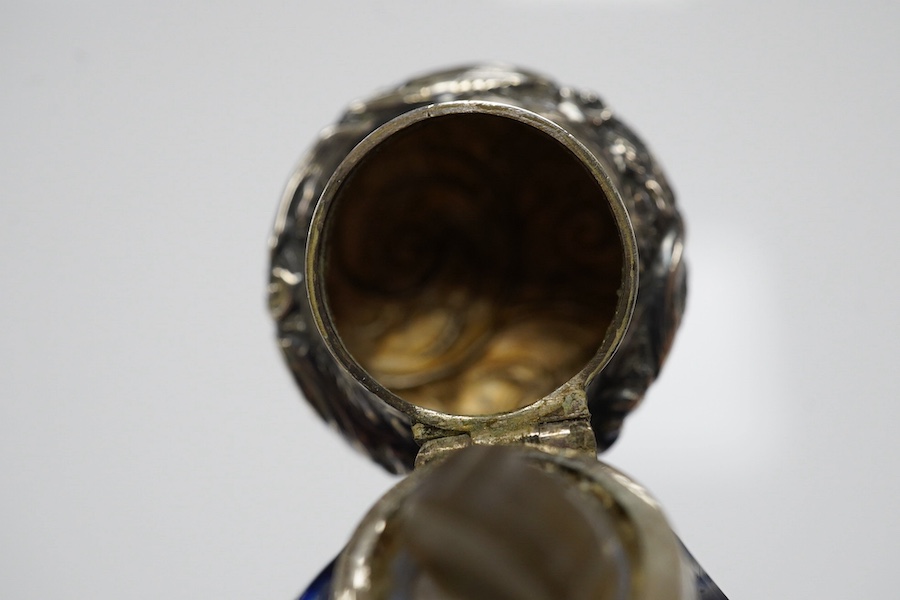 A 19th century silver topped blue overlay glass scent bottle, 11cm long. Condition - fine chips to base